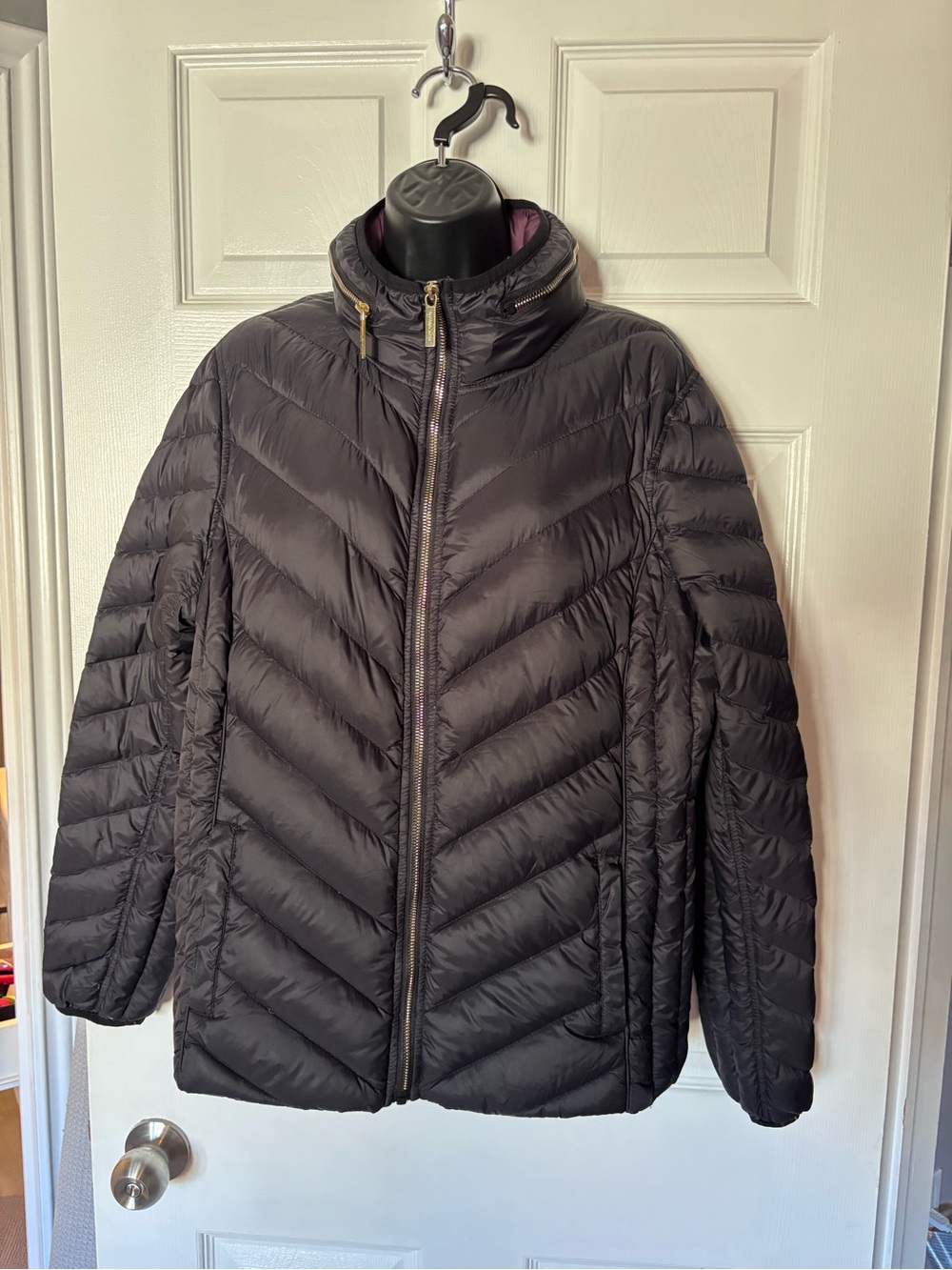 Michael Kors Packable Down Puffer Jacket Black Gold Logo Hooded XL Extra Large